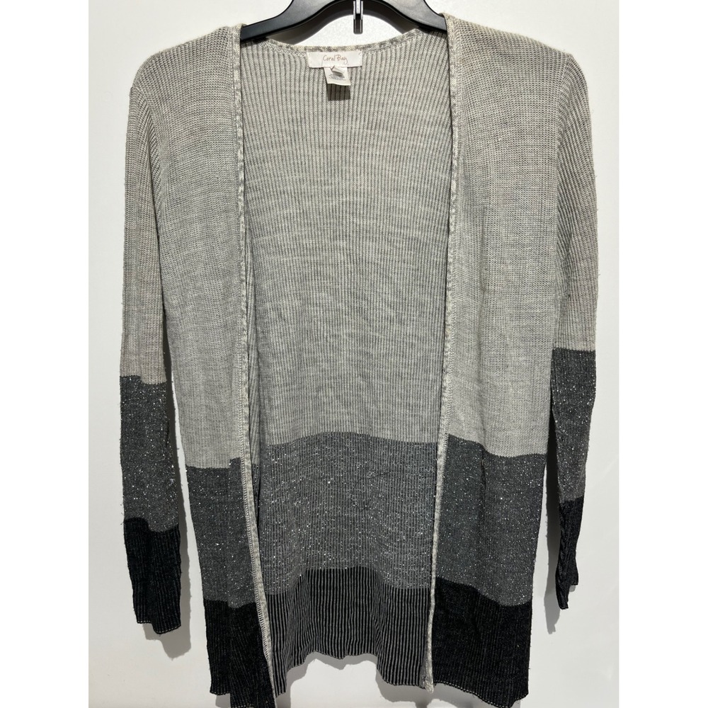 Coral Bay Womens Medium Grey Black Colorblock Metallic Open Front Cardigan